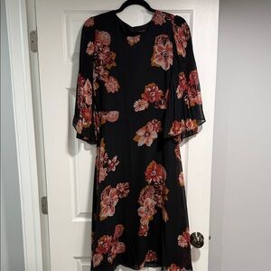 Ann Taylor Black Floral Midi Dress with Bell Sleeves